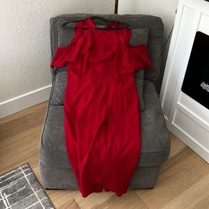 Stunning red dress, open shoulder, tulip hem midi/maxi length. Priced to sell!